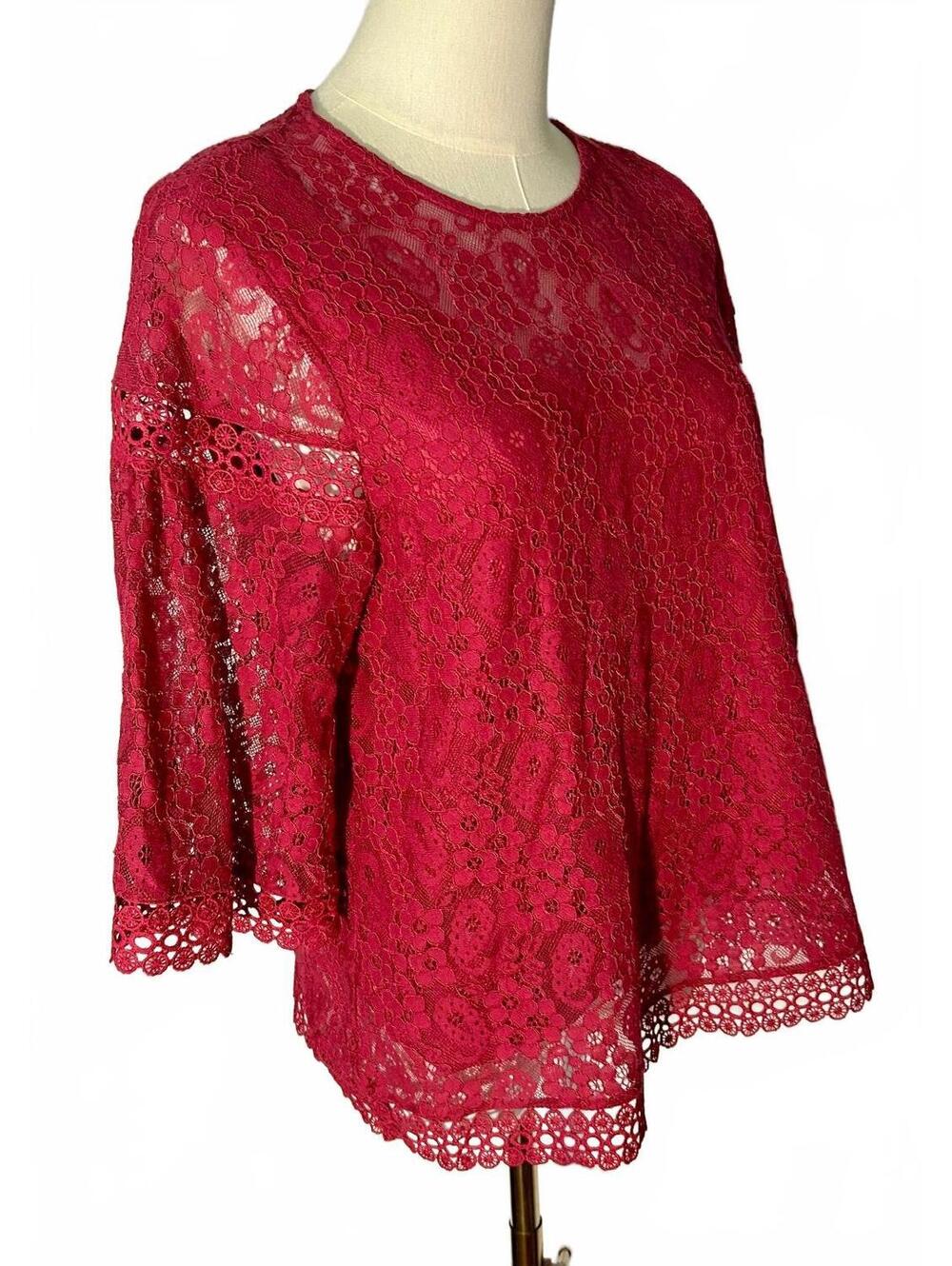 Laundry by Shelli Segal M Magenta Floral Lace Blouse Bell Sleeve Crochet Boho